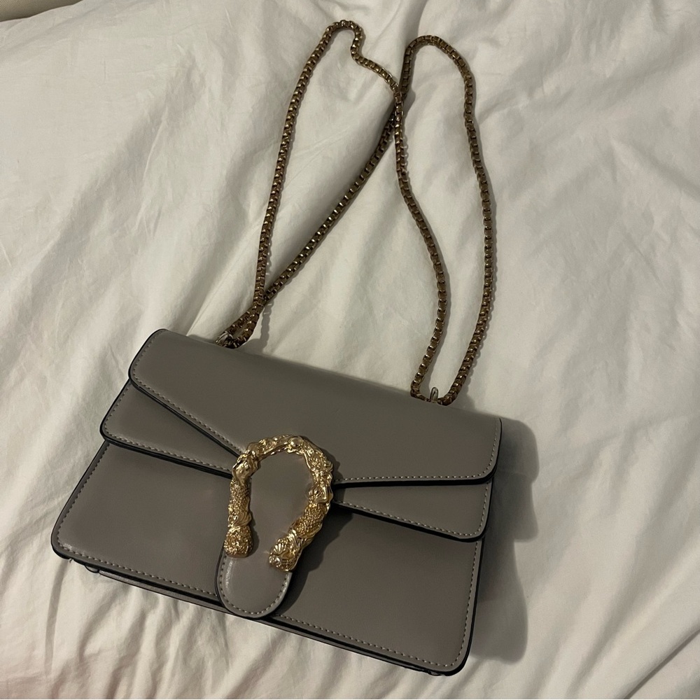 Gray Purse with Gold Hardware and Chain Strap